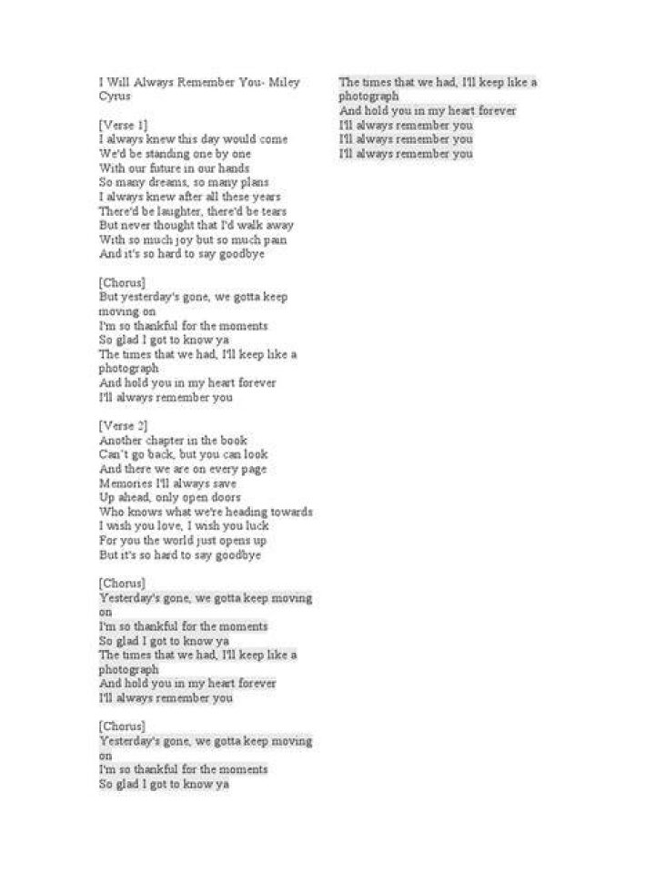 Always remember you by miley cyrus lyrics