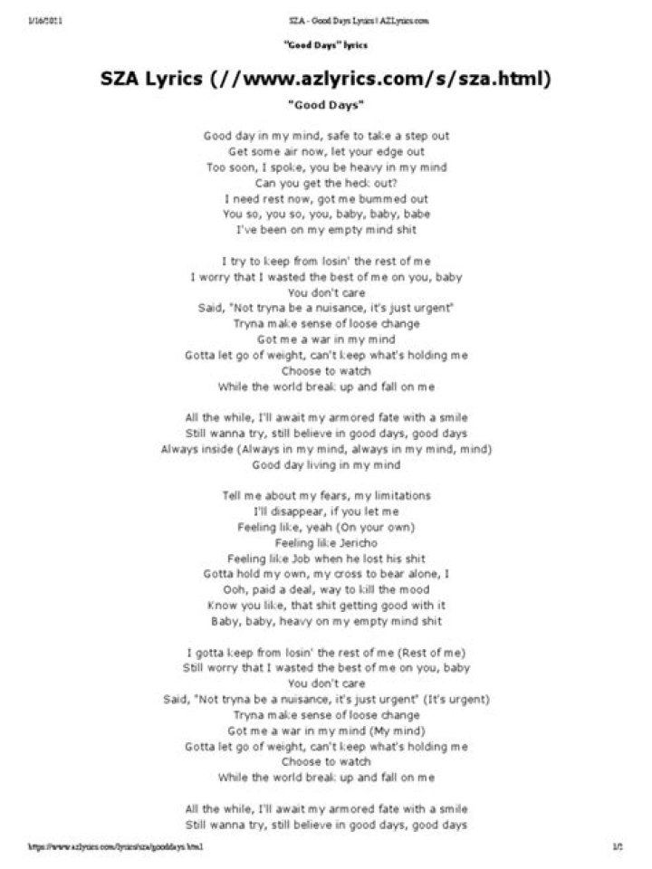 Figurative language in sza good days lyrics